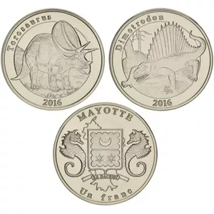 Майотта набор из 2 монет 2016 «Динозавры - Диметродон и Торозавр» 